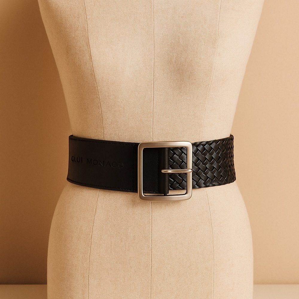 CLUB MONACO | Wide Braided Black Leather Belt | Thick Waist Cincher